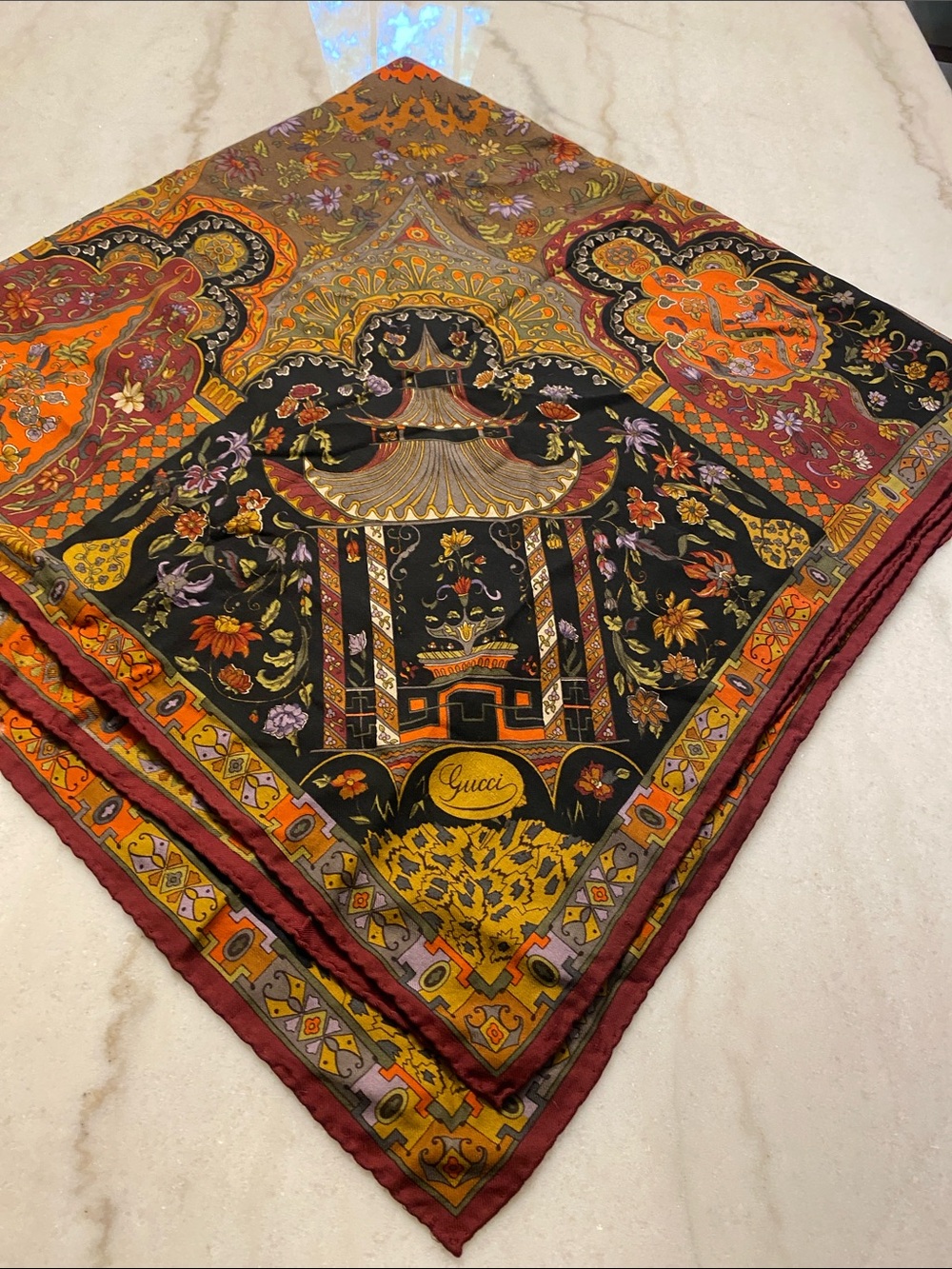Gucci Wool Scarf Ornate Orange & Brown Paisley print